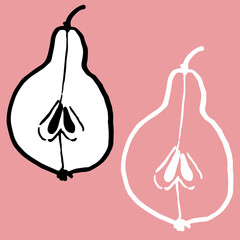 doodle pear.  Hand drawn vector illustration. Sweet element for greeting cards, posters, stickers and seasonal design. Isolated on pink background