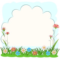 Blooming meadow with grass and flowers. Sky. Cartoon just style. Isolated on white background. Romantic fabulous illustration. Vector