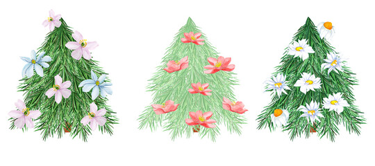 Watercolor decorated christmas tree flowers for decorating booklets, brochures, stands, leaflets, web, souvenirs, packaging design, print, wrapping.