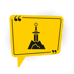 Black Sword in the stone icon isolated on white background. Excalibur the sword in the stone from the Arthurian legends. Yellow speech bubble symbol. Vector.