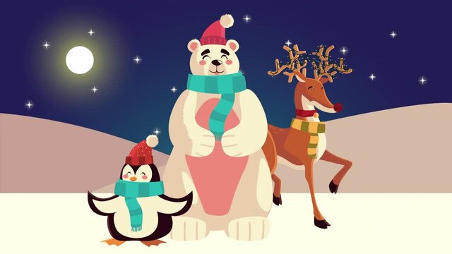 happy merry christmas animation with bear and penguin wearing santa hats