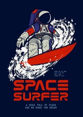 PrintSpace surfer in new space suit for american moon colony. Space t-shirt print with astronaut surfing the galaxy. Vector illustration t-shirt print.