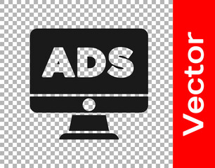Black Advertising icon isolated on transparent background. Concept of marketing and promotion process. Responsive ads. Social media advertising. Vector.