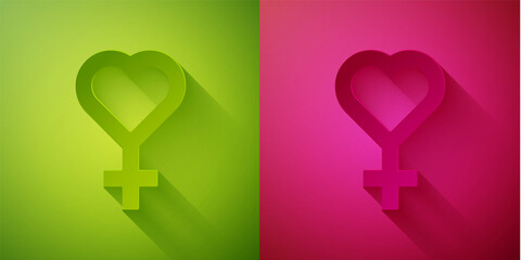 Paper cut Female gender symbol icon isolated on green and pink background. Venus symbol. The symbol for a female organism or woman. Paper art style. Vector.