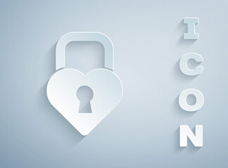 Paper cut Castle in the shape of a heart icon isolated on grey background. Locked Heart. Love symbol and keyhole sign. Paper art style. Vector.