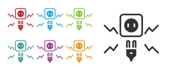 Black Connecting electric plug with electricity spark icon isolated on white background. Set icons colorful. Vector.