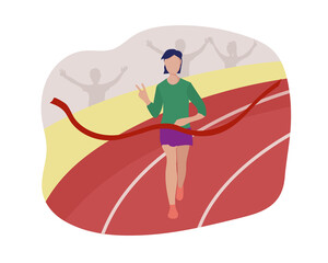 Man runner is the winner, she crosses the finish line through a red ribbon. Running competition, marathon distance or sports jogging in the stadium.