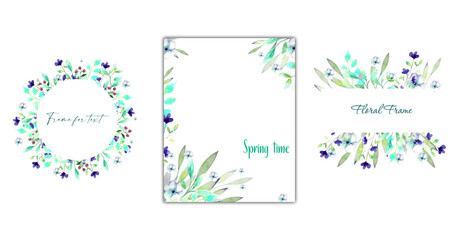 Watercolor illustration. Set of frames with flora elements in turquoise-mint and green style. Watercolor frames in pastel colors.
