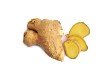 Fresh ginger with slice isolated on white background, raw healthy ginger for cooking. Top view.  Healthy lifestyle and diet concept.
