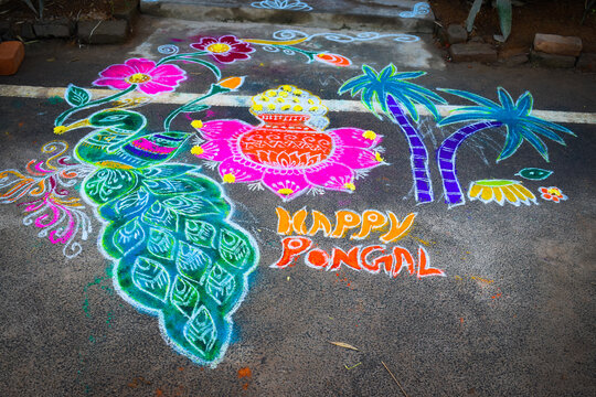 beautiful colorful Rangoli muggulu designs with colours in India during  pongal sankranthi festival and in all hindu festivals in fronts of their  houses and temples Stock Photo | Adobe Stock