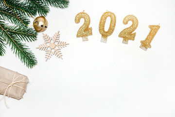 Empty background with gold figures of 2021 to new Year . Copy space. Trend color 2021. Flat lay. Top view