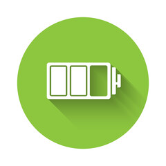 White Battery charge level indicator icon isolated with long shadow. Green circle button. Vector.