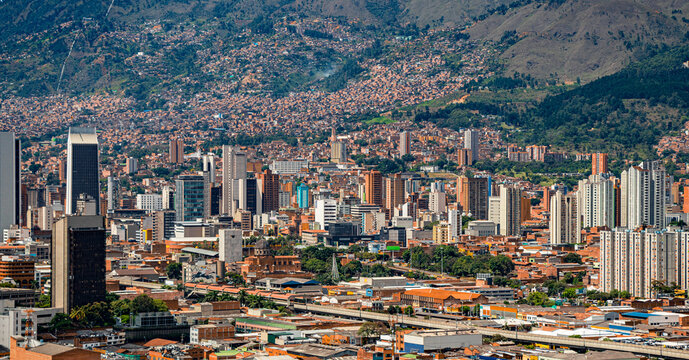 Panoramic of Medellin City with the Coltejer building and downtown at the background

