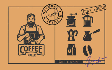Barista logo with coffee icons in vintage style with stamps - obrazy, fototapety, plakaty