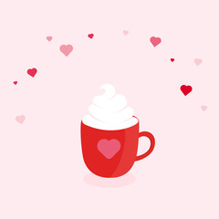 Valentine hot chocolate with cream on a pink background with hearts. 