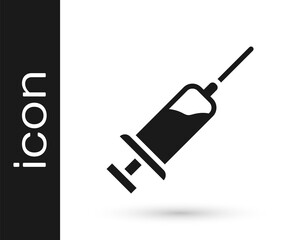 Black Syringe with serum icon isolated on white background. Syringe for vaccine, vaccination, injection, flu shot. Medical equipment. Vector.