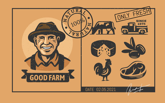 Farm black stickers with farmer and food 