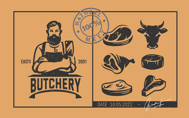 Butcher logo with icons in vintage style