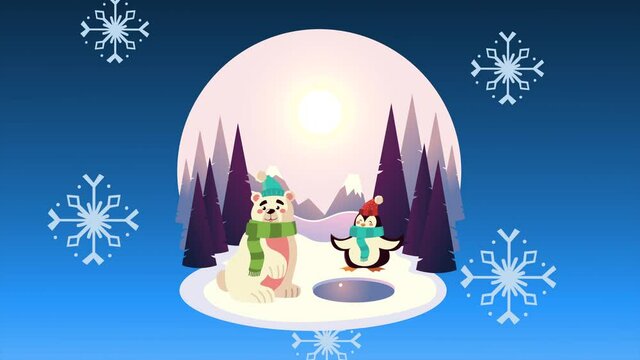 happy merry christmas animation with bearand penguin characters