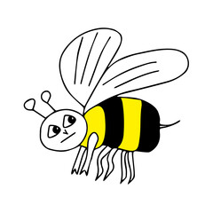 Hand-drawn outline black and yellow vector illustration of a tired sad bee isolated on a white background