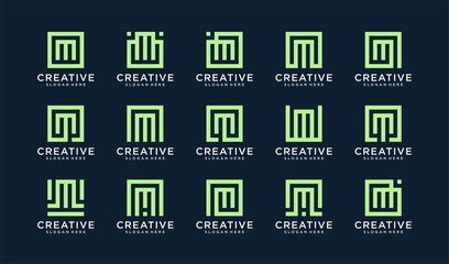 Set of letter M monogram line logo in square style