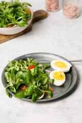 Salad with leaves, egg, vegetables on the table