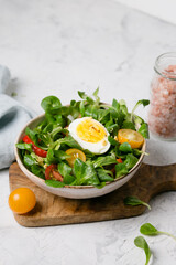 Vegetable salad with egg on white background
