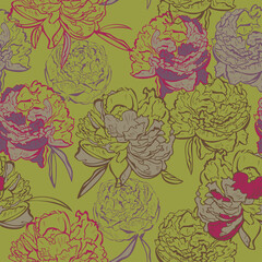 Vector seamless pattern of blooming peony flowers on a green background. Silhouette flowers pattern design for textile or wallpaper.