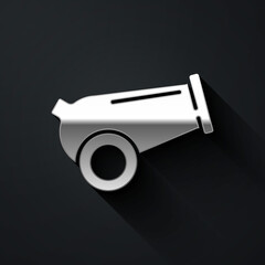 Silver Cannon icon isolated on black background. Medieval weapons. Long shadow style. Vector.