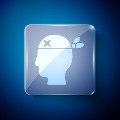 White Pirate captain icon isolated on blue background. Square glass panels. Vector.