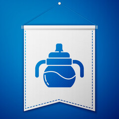 Blue Baby bottle icon isolated on blue background. Feeding bottle icon. Milk bottle sign. White pennant template. Vector.