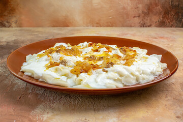 front view tasty dough slices with yogurt and oil on light background dish calorie pasta