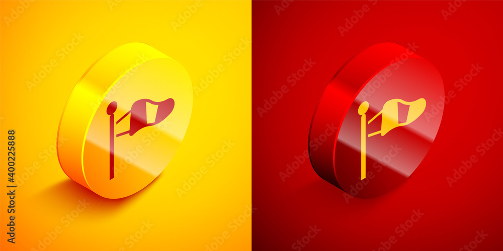 Poster isometric cone meteorology windsock wind vane icon isolated on orange and red background. windsock i