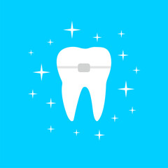 White tooth with orthodontic brace and shining effect stars illustration isolated on blue background