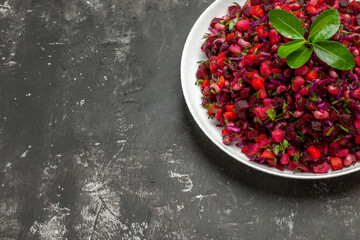 top view delicious vinaigrette beet salad with beans on a dark background meal health diet