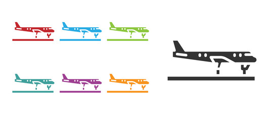 Black Plane icon isolated on white background. Flying airplane icon. Airliner sign. Set icons colorful. Vector.
