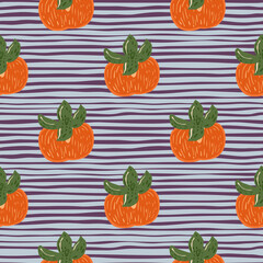 Orange persimmons and green leaves seamless doodle pattern. Blue striped backround.