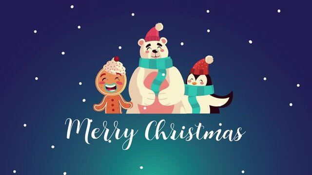 happy merry christmas lettering animation with snowman and penguin