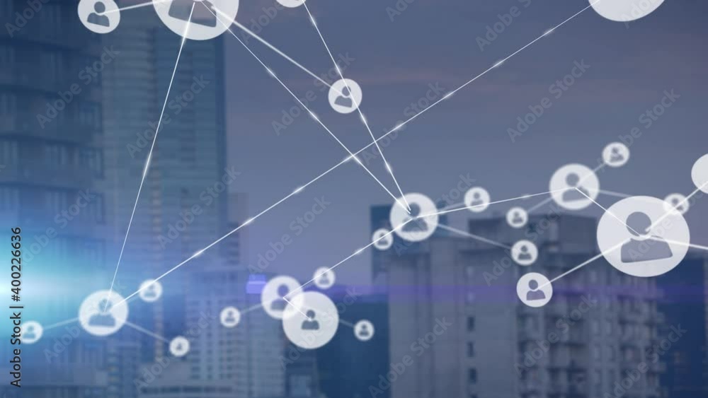 Poster digital composite video of network of connections against tall buildings in background