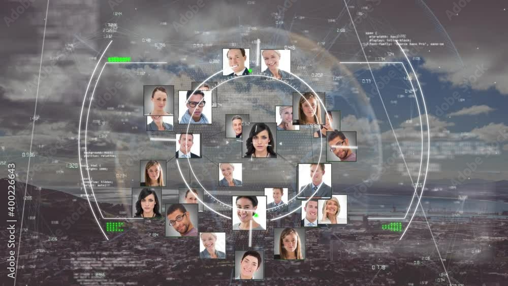 Poster digital composite video of scope scanning over multiple profile icons against cityscape