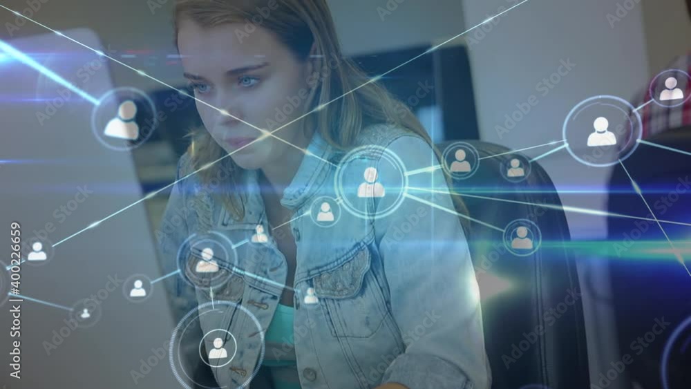Poster digital composite video of network of connections icons against woman using computer at office