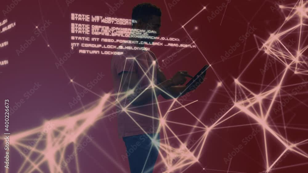 Poster digital composite video of network of connections and data processing over african american man usin