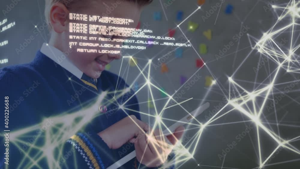 Aufkleber digital composite video of network of connections and data processing against caucasian boy using di