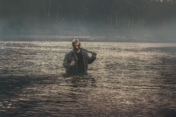 cosplay, thriller, killer, edged weapon, blood, revenge, hate, man, fog, mist, water, sea, lake,...