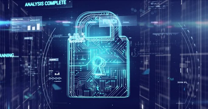 Digital animation of glowing security padlock icon and data processing against blue background