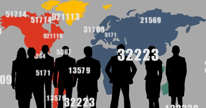 Digital animation of increasing numbers against silhouette of businesspeople and world map on grey b