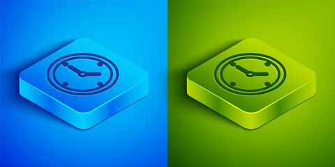 Isometric line Clock icon isolated on blue and green background. Time symbol. Square button. Vector Illustration.