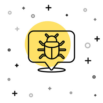 recommend clip art: Black line System bug concept icon isolated on white background. Code bug concept. Bug in the system. Bug searching. Random dynamic shapes. Vector.