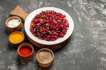 front view tasty vinaigrette salad with seasonings on grey background meal health photo food