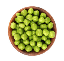 Canned green peas in wooden bowl, isolated on white background. Pickled green peas. Top view.